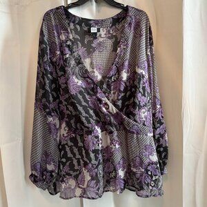 Studio 1940 Whimsical Floral‎ Top Size 26 28W Sheer V Neck Fairycore Boho 18797